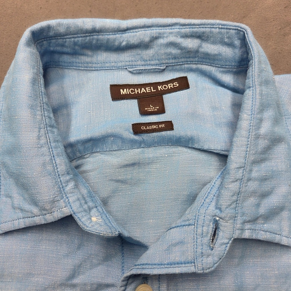 Michael Kors Mens Light Blue Linen Cotton Short Sleeve Button Down Shirt Large